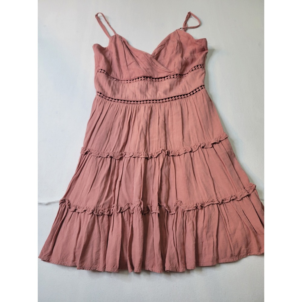 Boho Tiered Mini Dress Dusty Rose Pink Crochet Lace Trim Sleeveless Summer S